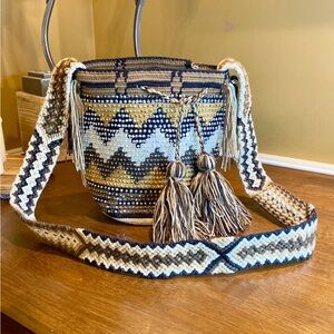100% Wayuu Mochila style Boho Beaded Bucket Bag with Tassels